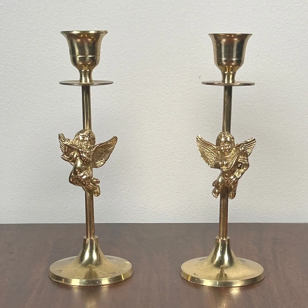 Brass Cherub Angel Candlestick Holders MCM Art Victorian Romantic India Gold TWO